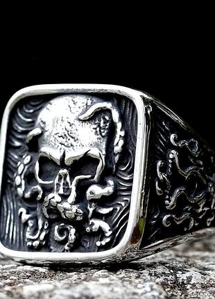 Кольцо перстень печатка осьминог octopus череп skull нержавеющая сталь женское мужское