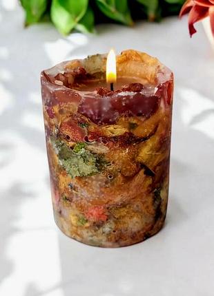 Свеча разноцветная, с сухоцветами - 35 часов горения, с ароматом сандал