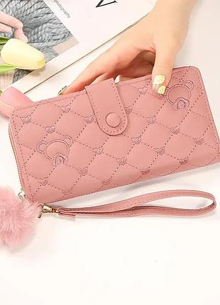 Женский кошелек стёганый brand classic с брелком черный пудра