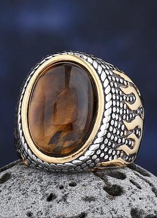 Кольцо с камнем "тигровый глаз" — стильный аксессуар из нержавеющей стали для мужчин и женщин