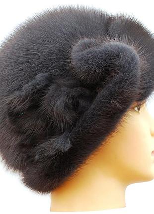Хутряна шапка жіноча троянда з норки колір ірис