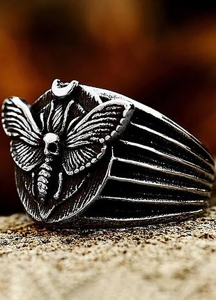Кольцо "мотылек череп" серебристое , нержавеющая сталь 17мм