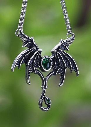 Винтажный кулон «ангел с крыльями добра и зла» нержавеющая сталь 316l, зелёный камень