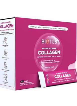 Морской коллаген с гиалуроновой кислотой и витамином с, marine sourced collagen peptidеs, biotus, 30 саше (154,5 г)