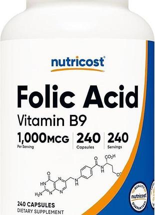 Фолієва кислота (вітамін в9), folic acid, nutricost 1000 мкг, 240 капсул