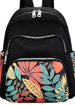 Женский рюкзак текстильный городской с цветами повседневный молодежный прогулочный стильный черный с карманами