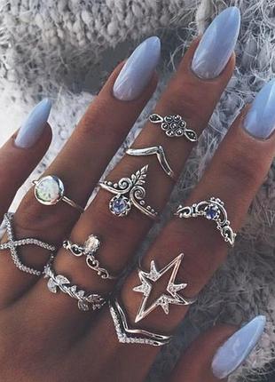 Кільця на фаланги. набір з 11 кілець. колір срібло (ring11star)