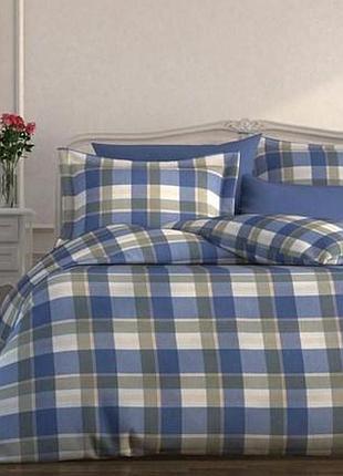 Комплект постельного белья фланель в клетку акварель синий супер люкс, постельное белье полуторное
