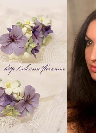 Сиреневый обруч для волос с цветами из полимерной глины."фиолетовые анютины глазки"