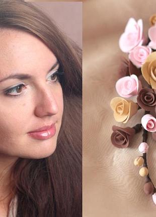 "капучино" заколка с розами из полимерной глины