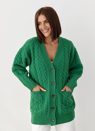 Фактурний кардиган з преміальної 100% вовни зеленого кольору