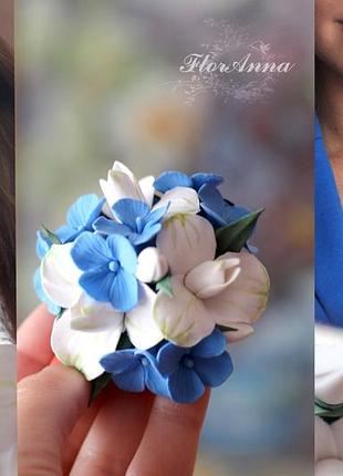 "букетик гортензий с альстромериями" заколка/брошь с цветами из полимерной глины