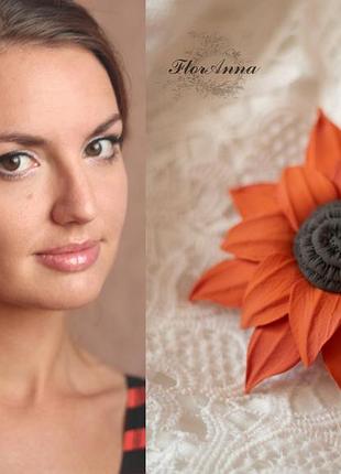 Заколка подсолнух ручной работы из полимерной глины