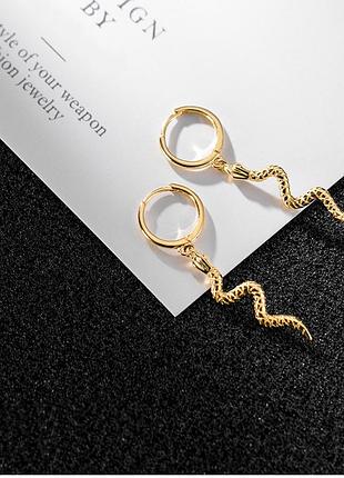 Серьги кольца серебряные змея, длинные серьги унисекс, серебро 925 пробы лимонна позолота