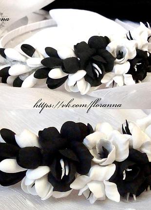 Черно-белый обруч с цветами ручной работы "инь-ян"