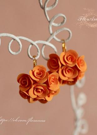 Оранжевые серьги ручной работы с цветами "оранжевые розочки"