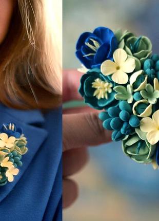 "морская волна" брошь с цветами из полимерной глины