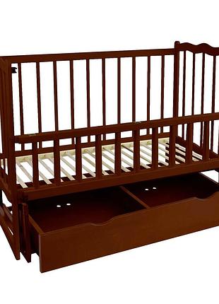 Кроватка детская классическая для новорожденных сон с маятником и ящиком и бортиком ольха тёмно коричневая