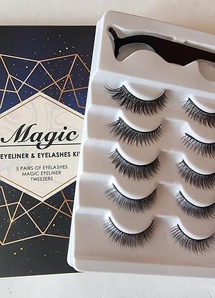 Набор многоразовых самоклеющихся ресниц 5 пар с прозрачным маркером подводкой и аппликатором magnetic eyelashe