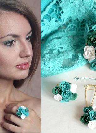 "мятная свежесть" комплект авторских украшений из полимерной глины