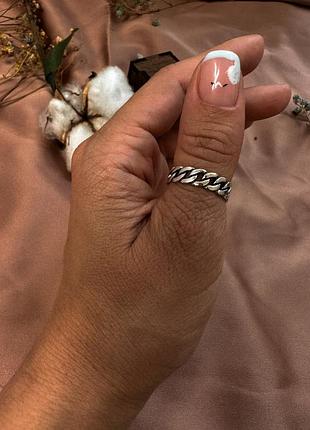 Каблучка срібна широка ланцюжки і гладка глянцева, регульований розмір, срібло 925 проби ланцюги