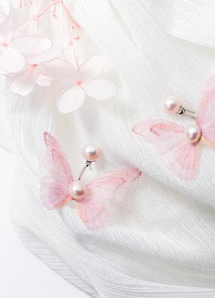 Сережки-джекеты великі срібні метелики з тканини з натуральними перлами,срібло 925 проби, блакитні і рожеві рожевий