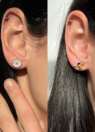 Серьги серебряные пчелка+ромашка, детские разные серьги, серебро 925 пробы, белый или розовый цветок біла ромашка