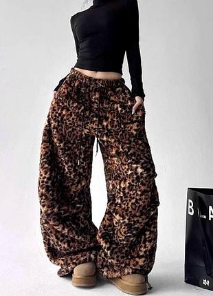 Жіночі теплі тедді хутряні спортивні леопардові штани брюки
