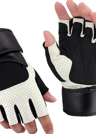 Перчатки для тренажерного зала велосипеда с напульсниками sport 518 безпалые белые