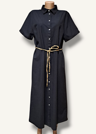 Черное платье-рубашка миди с короткими рукавами