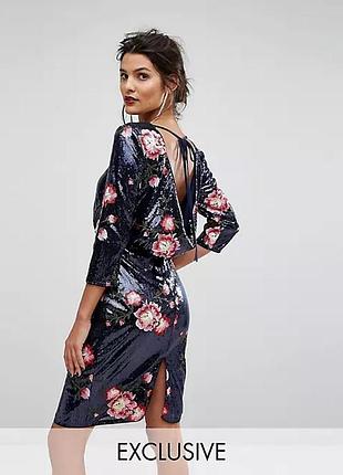 Распродажа! изысканное платье! темно-синие пайетки, вышивка цветы, asos, гг m-l