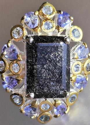 Кольцо серебряное женское с натуральными камнями турмалиновым кварцем волосатик стрелы амура и танзанитами