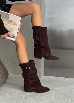 Сапоги козаки женские коричневые замша / замшевые сапоги козаки шоколадного цвета / коричневые сапоги казаки на каблуке