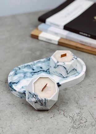 Набор ароматических соевых свечей в гипсовых кашпо mini в технике marble на подставке orgazmiс