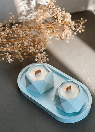 Набор ароматических соевых свечей в гипсовых кашпо mini на подставке fresh & amber