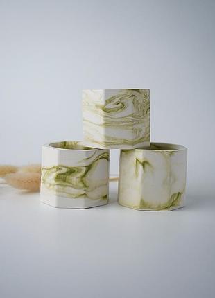 Набор гипсовых горшков mini 2.0 в технике marble для кактусов и суккулентов, емкость для заливки свечей 3шт зелёный