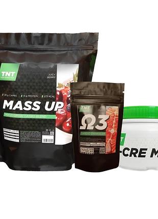Набір на масу tnt™ nutrition гейнер mass up, креатин tnt та омега-3 tnt полуничний пудинг