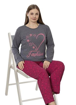 Теплый женский пижамый хлопок розовая батал c34628