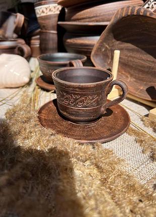 Чашка для кави 150 мл з блюдцем декор, червона глина, глиняний посуд, кераміка