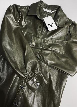 Распродажа! стильное платье рубашка кожа хаки, zara, рр m-l-xl