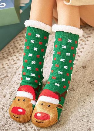 Носки новогодние с оленями зеленые 4698 праздничные носки зеленого цвета