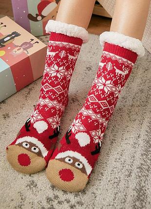Носки новогодние с оленями красные 4697 праздничные носки красного цвета