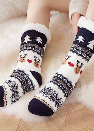 Носки новогодние с оленями синие 4684 праздничные носки темно-синие