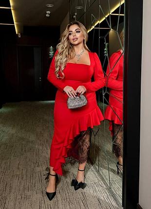 Вечернее платье миди с кружевом больших размеров красная