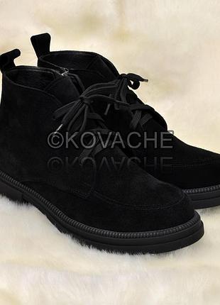 Жіночі демісезонні черевики натуральні замшеві чорні на низькому ходу осінні короткі черевички на низьких підборах розмір 36 39