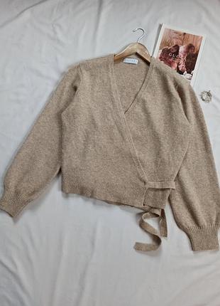 Бежевый кардиган на затин с объемными рукавами с шерстью в составе