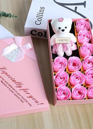 Подарочный набор с розами из мыла, розы из мыла 12 шт с плюшевым медведем, розы из мыла, набор мыла розы