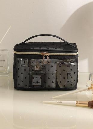 Черная прозрачная сетчастая косметичка органайзер с ручкой 2 вида чорна сітка серденько