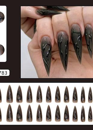 Накладные ногти длинные острые стилет с дизайном с клеем w1783 черный 24 шт (a9474)