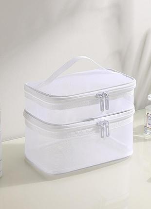 Двухэтажная прозрачная сетчастая косметичка органайзер с ручкой